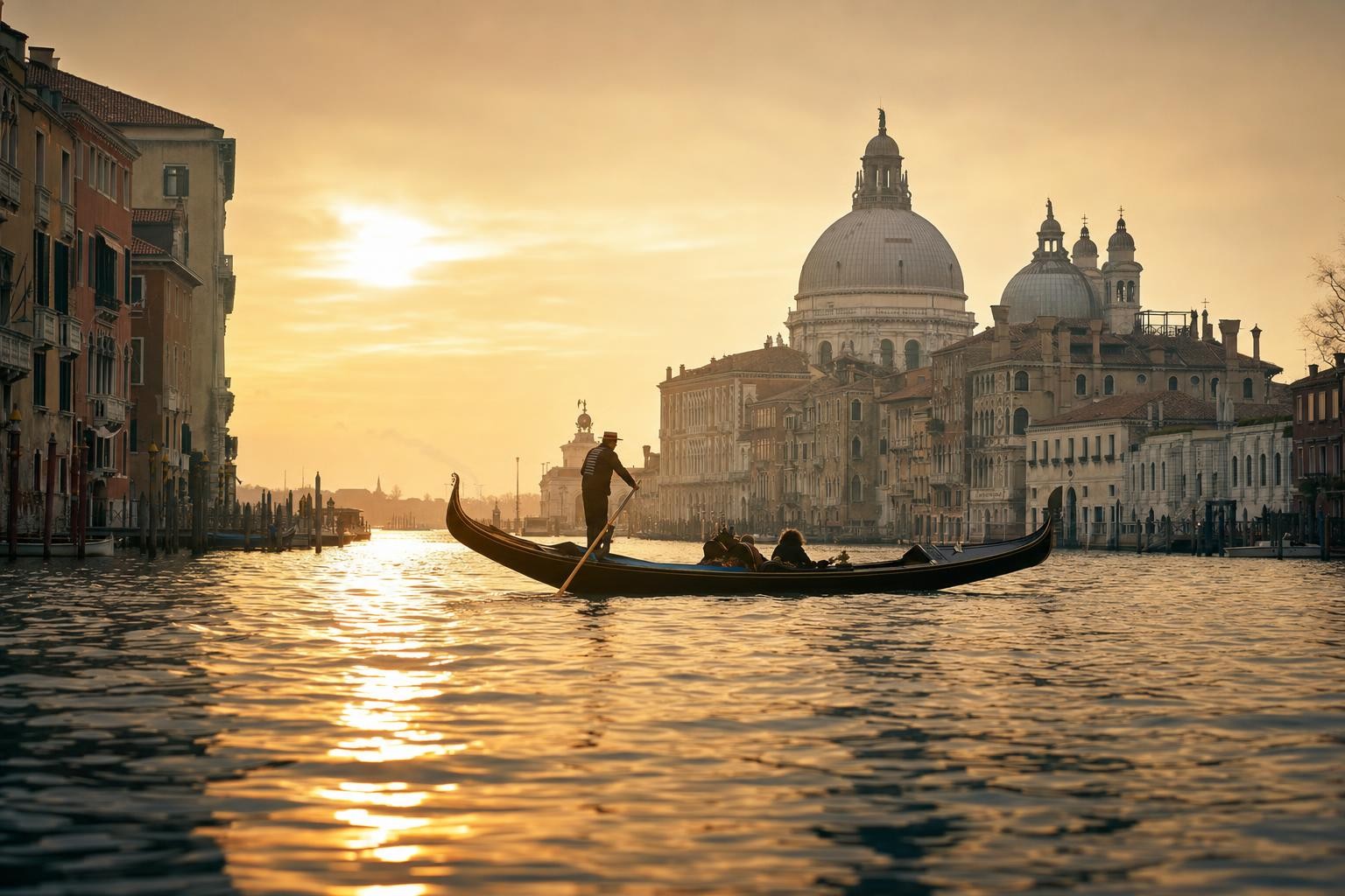 Grand Canal at golden hour, a gondola silhouetted against the low sun