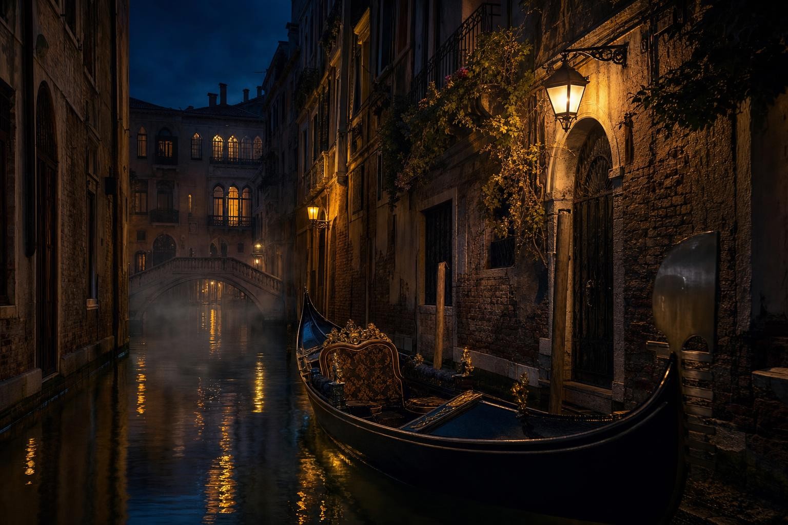Venetian canal at night, lantern amber against deep indigo water
