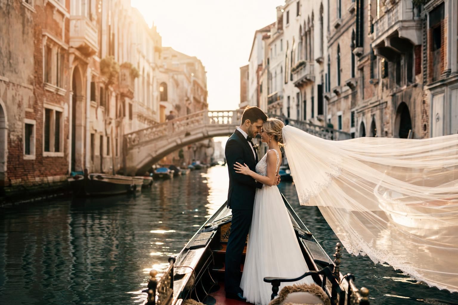 Bride and groom on a gondola, her veil catching the wind